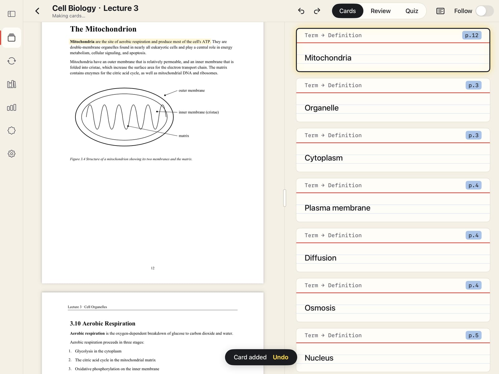 A circled sentence about mitochondria on page 12 has just become the Mitochondria card at the top of the list, with a “Card added · Undo” message