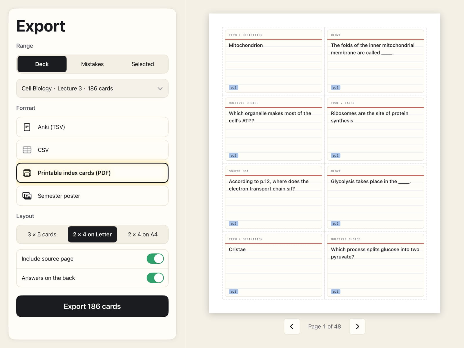 Export panel: Anki (TSV), CSV, printable index cards (PDF) and semester poster, with a preview of a page of 2 × 4 index cards on Letter paper