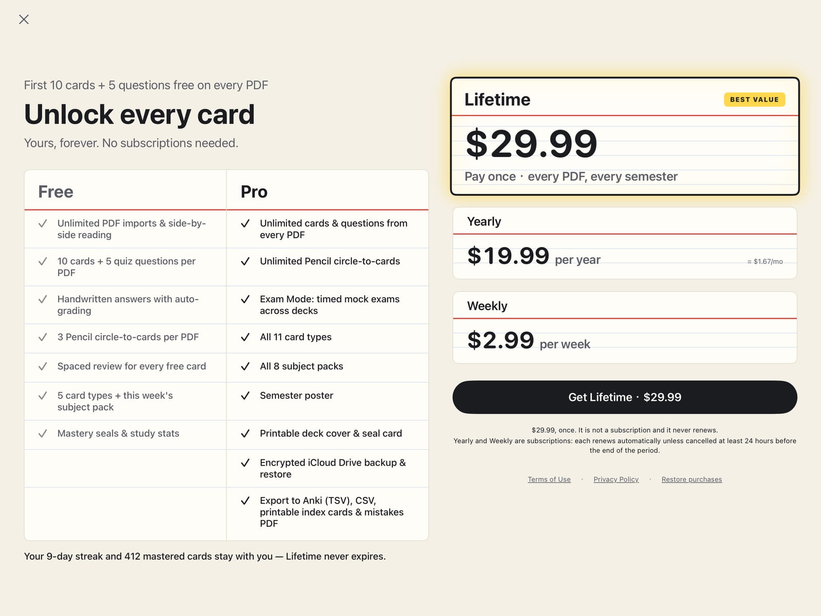 The paywall: free and Pro columns side by side, and Lifetime $29.99 selected as Best value above Yearly $19.99 and Weekly $2.99