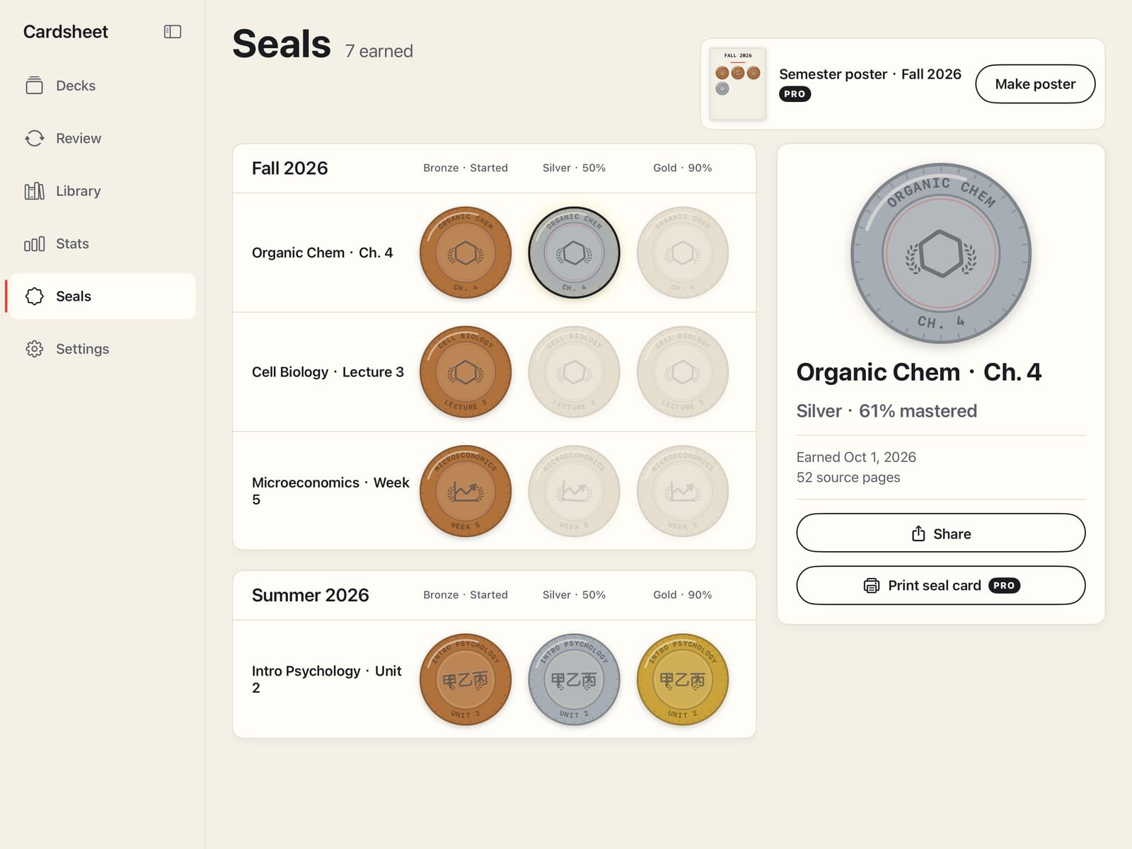 Seals page: bronze, silver and gold mastery seals for each deck, grouped by semester, with Organic Chem · Ch. 4 at silver, 61% mastered