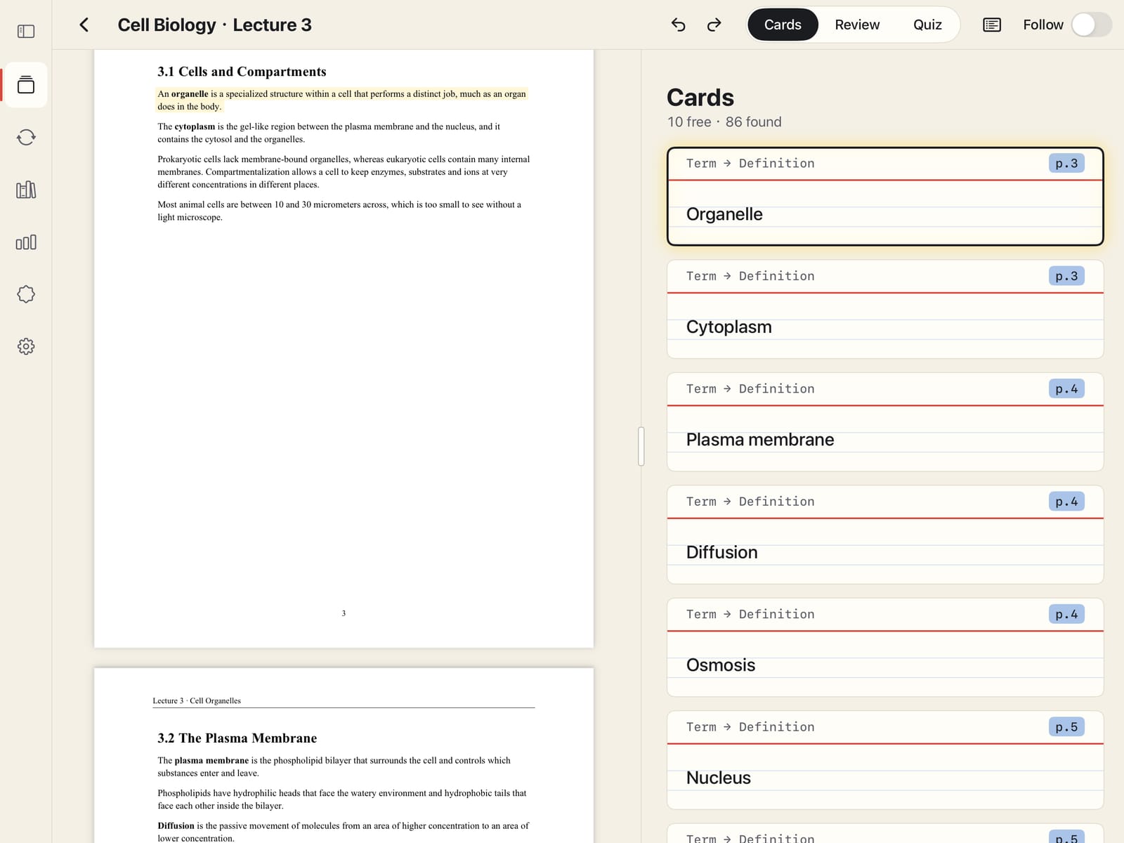 Split view: Cell Biology · Lecture 3 open on the left, and on the right a column of index cards (Organelle, Cytoplasm, Plasma membrane…) each tagged with its page, under “10 free · 86 found”